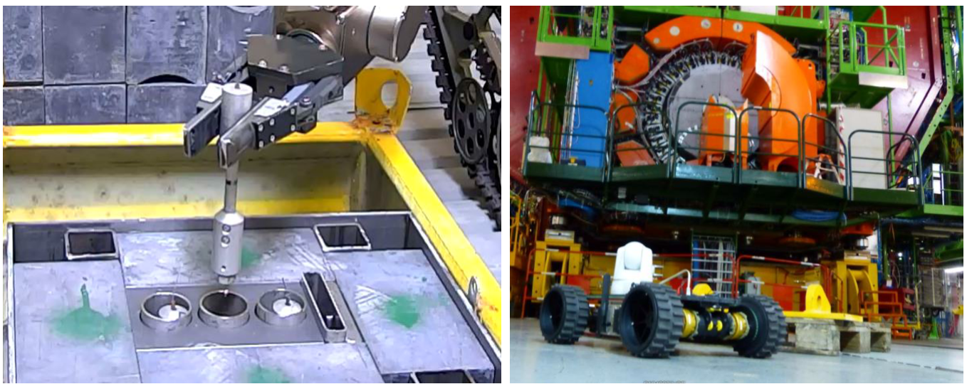 From left to the right: radioactive sample handled by a robot and robotic solution for remote maintenance and quality assurance (Image: CERN).